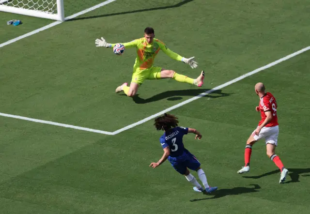 Cucurella sees his effort saved by Trubin