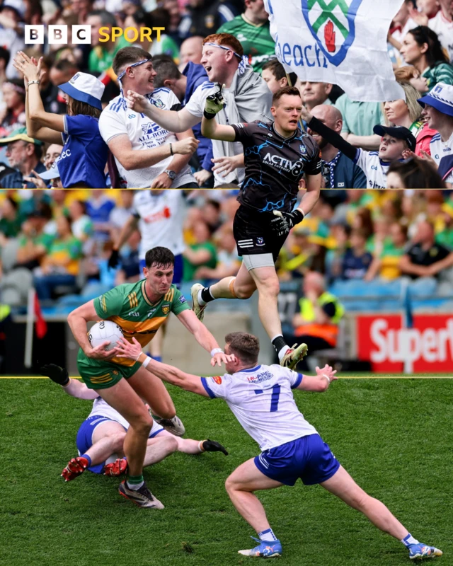 Action from the All-Ireland Senior Championship quarter-final match between Monaghan and Donegal at Croke Park in Dublin