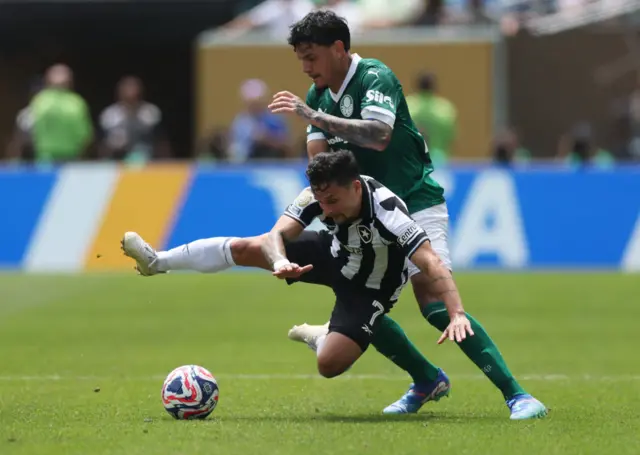 A Botafogo player falls to the ground after a robust Palmeiras challenge