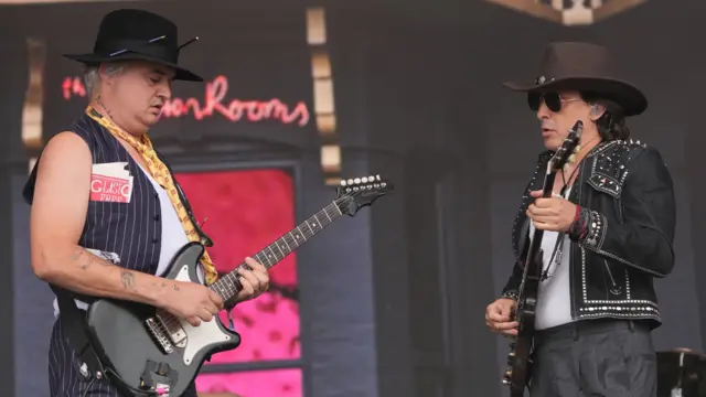 The Libertines performing in the Pyramid Stage during the Glastonbury Festival at Worthy Farm in Somerset.