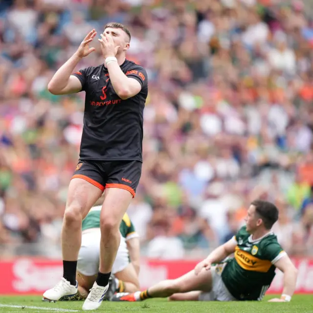 Tiernan Kelly reacts to his shot at goal being saved up and over