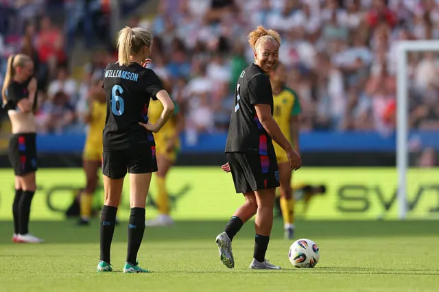 Lauren James and Leah Williamson of England react during the Women's international friendly match between England and Jamaica at The King Power Stadium on June 29, 2025 in Leicester, England.