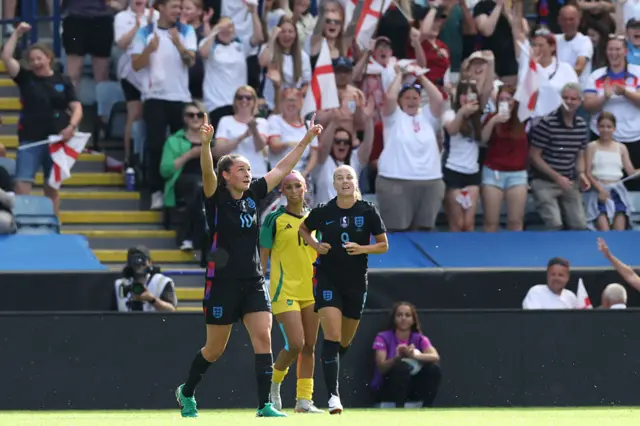 Ella Toone celebrates after scoring the opening goal of the Women's International friendly football match between England and Jamaica at King Power Stadium in Leicester, central England on June 29, 2025.