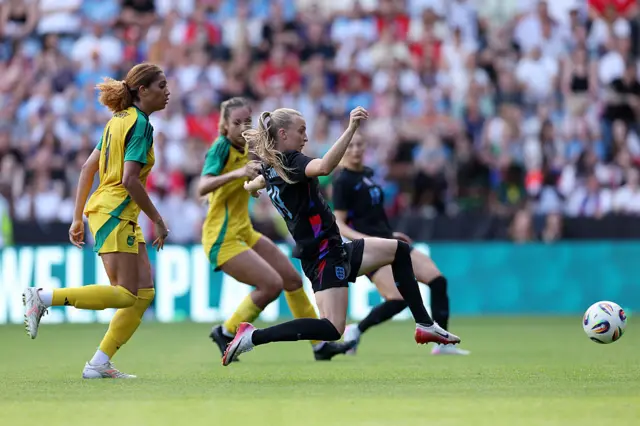 Aggie Beever-Jones of England scores her team's sixth goal during the Women's international friendly match between England and Jamaica at The King Power Stadium on June 29, 2025 in Leicester, England.