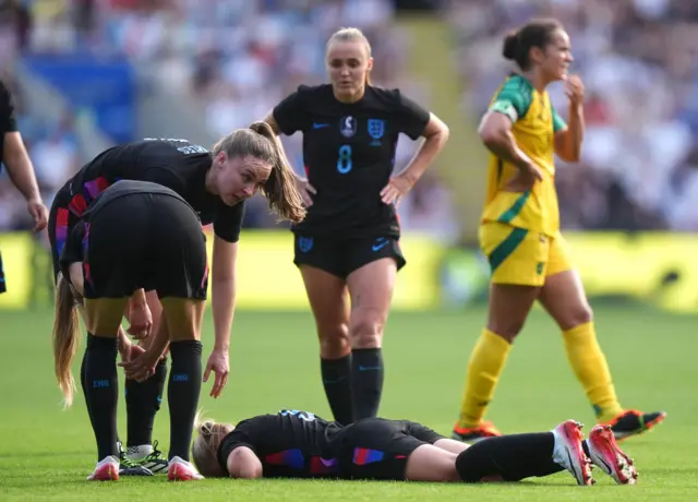 England's Beth Mead reacts to an an injury during a women's international friendly match at the King Power Stadium, Leicester.