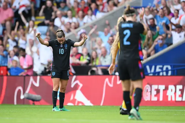 Ella Toone of England celebrates after Georgia Stanway of England (not pictured) scores her team's fourth goal during the Women's international friendly match between England and Jamaica at The King Power Stadium on June 29, 2025 in Leicester, England.