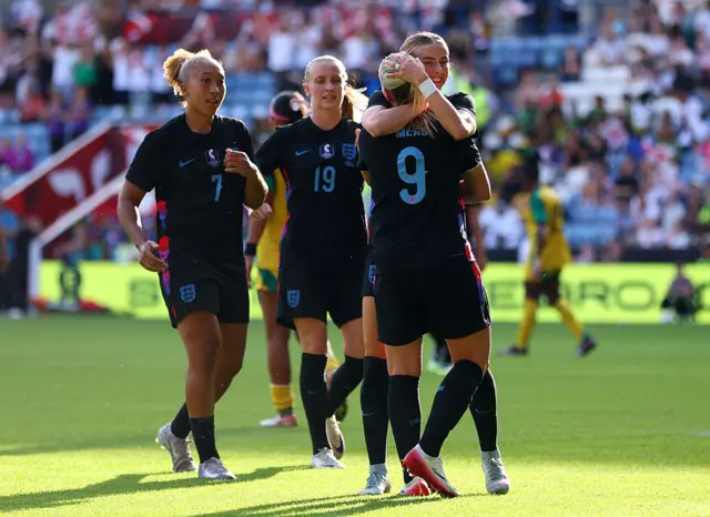 Beth Mead of England celebrates scoring her team's seventh goal with teammate Chloe Kelly during the Women's international friendly match between England and Jamaica at The King Power Stadium on June 29, 2025 in Leicester, England