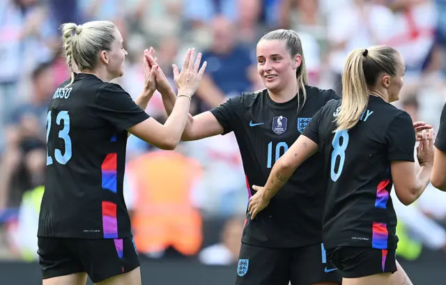 Ella Toone of England celebrates scoring her team's third goal with teammate Alessia Russo of England during the Women's international friendly match between England and Jamaica at The King Power Stadium on June 29, 2025 in Leicester, England.