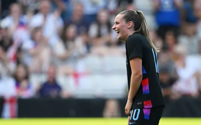 Ella Toone of England celebrates scoring her team's third goal during the Women's international friendly match between England and Jamaica at The King Power Stadium on June 29, 2025 in Leicester, England.