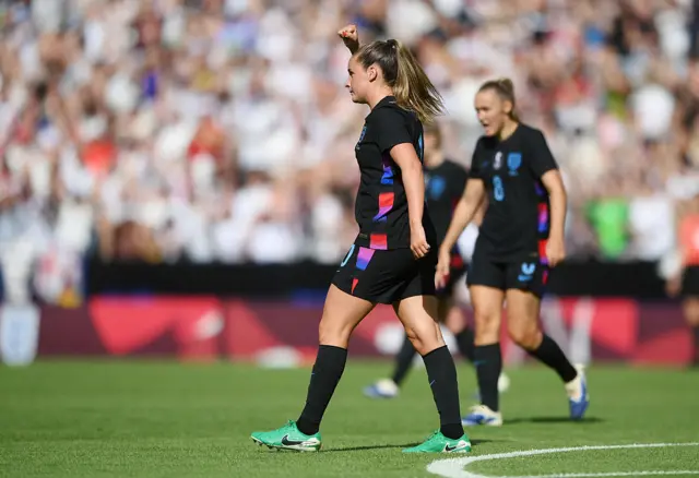 Ella Toone of England celebrates scoring her team's first goal during the Women's international friendly match between England and Jamaica at The King Power Stadium on June 29, 2025 in Leicester, England.