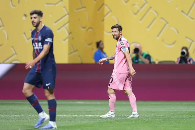 Messi looks on during Inter Miami's game against PSG