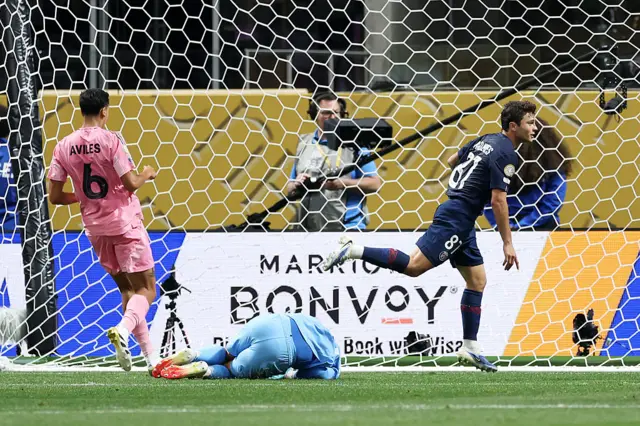 Joao Neves scores his second goal of the game for PSG
