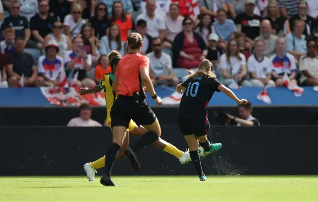 Ella Toon of England scores the 1-0 goal during the Women's international friendly soccer match between England and Jamaica in Leicester,