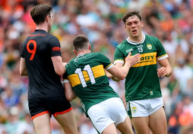 Tiernan Kelly reacts to his shot at goal being saved up and over