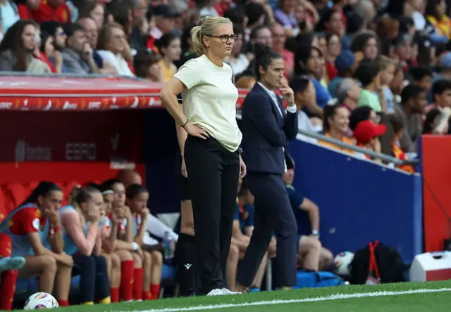 Sarina Wiegman coaches during the match between the women's national teams of Spain and England, corresponding to League A of Group 3 of the Women's Nations League, at the RCDE Stadium in Barcelona, Spain, on June 3, 2025.