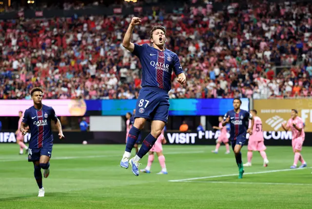 Joao Neves celebrates after scoring for PSG