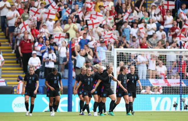 Lucy Bronze of England (C) celebrates scoring the 2-0 goal during the Women's international friendly soccer match between England and Jamaica in Leicester