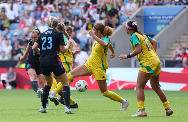 Georgia Stanway of England scores her team's fourth goal during the Women's international friendly match between England and Jamaica at The King Power Stadium on June 29, 2025 in Leicester, England.