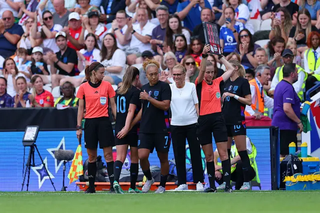 Lauren James of England is substituted on for teammate Ella Toone during the Women's international friendly match between England and Jamaica at The King Power Stadium on June 29, 2025 in Leicester, England.