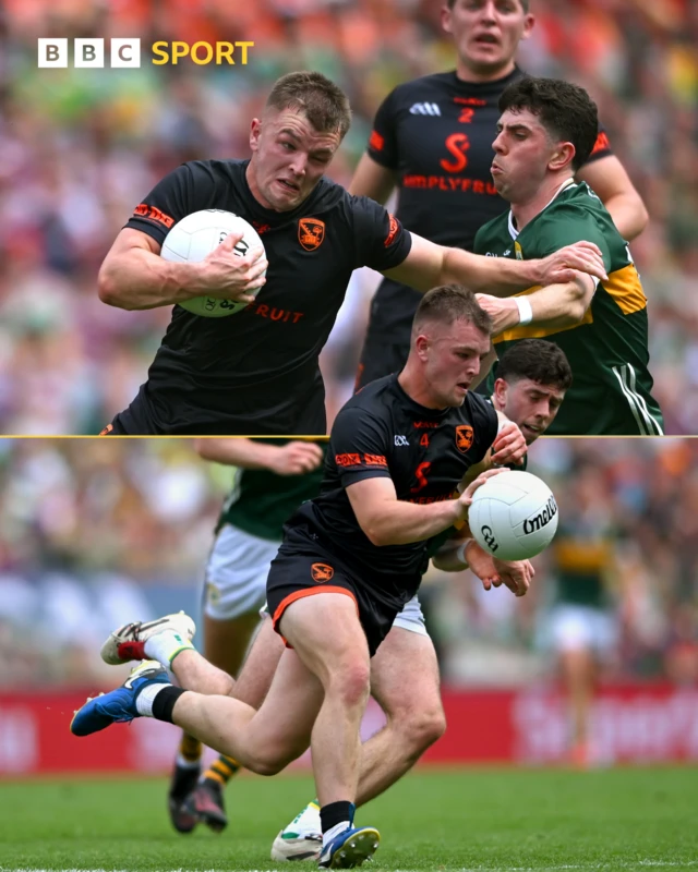 Action from the All-Ireland Senior Championship quarter-final match between Armagh and Kerry