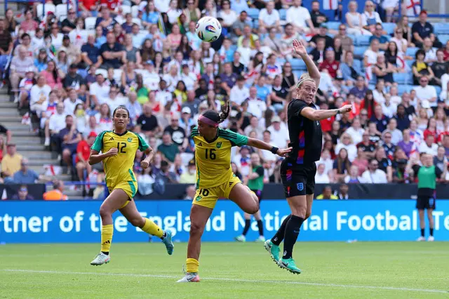 Lucy Bronze of England scores her team's second goal during the Women's international friendly match between England and Jamaica at The King Power Stadium on June 29, 2025 in Leicester, England.