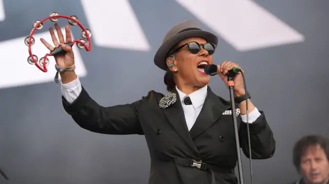 Pauline Black of The Selecter performing on the Pyramid Stage during the Glastonbury Festival at Worthy Farm in Somerset.