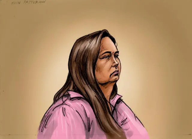 A court sketch of Erin Patterson wearing a purple shirt
