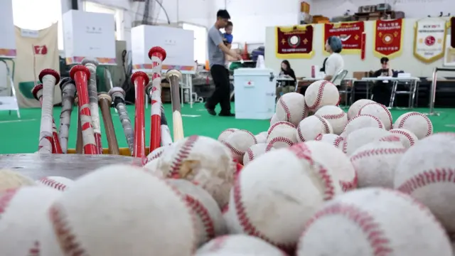 Baseballs and baseball bats are in front of a polling station in South Korea.