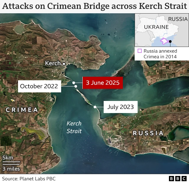 A map showing the location of attacks on the Crimean bridge in the last 3 years