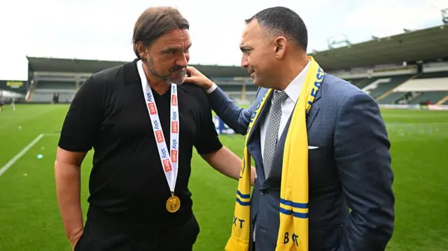 Daniel Farke, Manager of Leeds United, embraces Paraag Marathe, Chairman of Leeds United