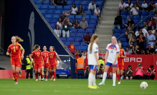 Spain players make their way back to kick off