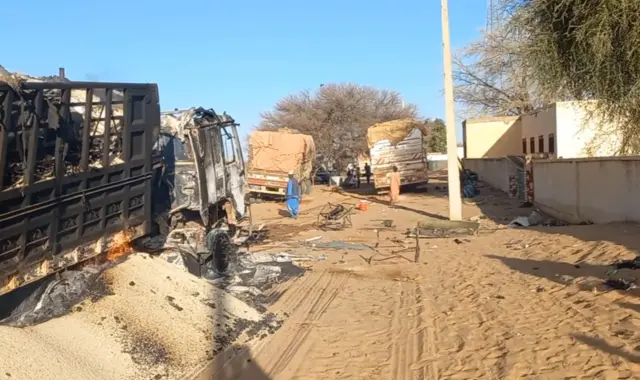 A screengrab showing the aftermath of the attack on a humanitarian convoy in Sudan
