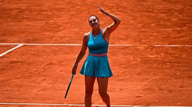 Aryna Sabalenka celebrates after winning