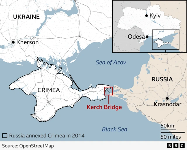 A map showing where the Kerch bridge is located in relation to Crimea and Russia
