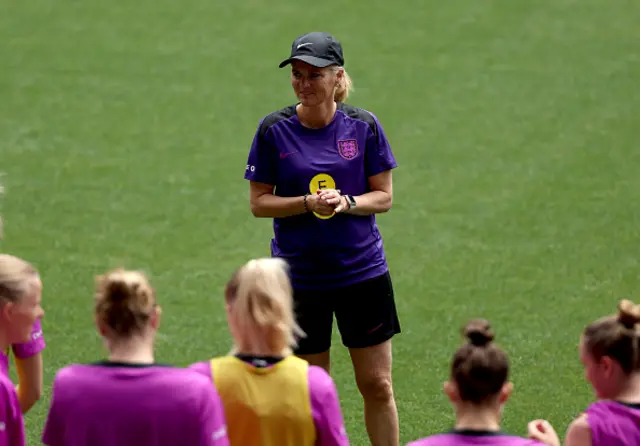 Sarina Wiegman, Head Coach of England, speaks to the players