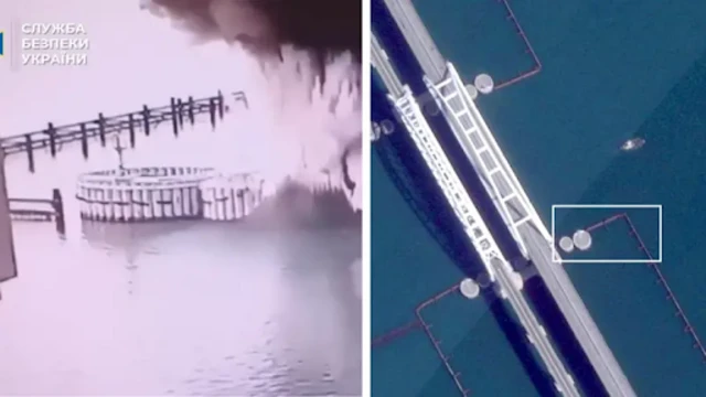 A picture of the explosion next to an aerial shot of the bridge from satellite