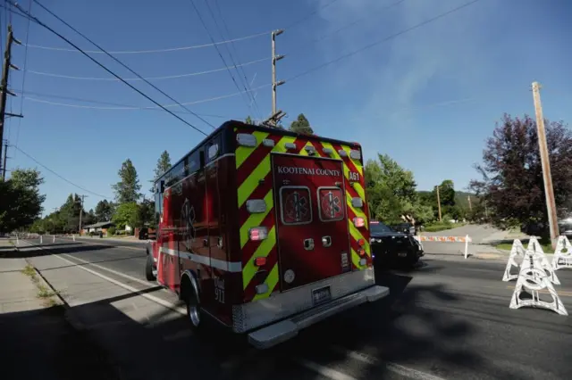 A Kootenai County EMS vehicle travels towards an area where multiple firefighters were attacked when responding to a fire in the Canfield Mountain area outside Coeur d’Alene, Idaho, U.S. June 29, 2025