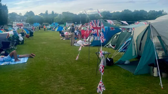 A tent in the Wimbledon queue decorated with British flags