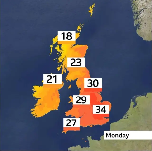 A map showing temperatures across England