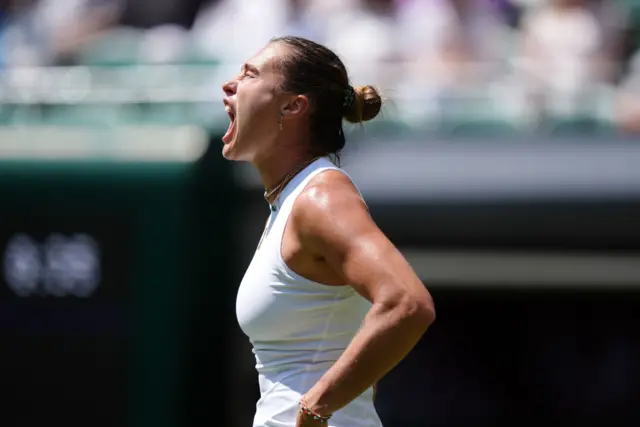 Aryna Sabalenka celebrates at Wimbledon