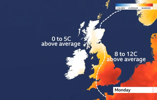 Weather graph of the UK showing an above average temperature spread across the country