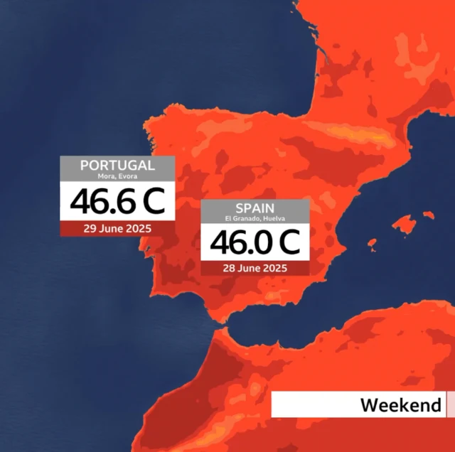 Graphic map of Iberian peninsula showing high temperatures in Portugal and in Spain
