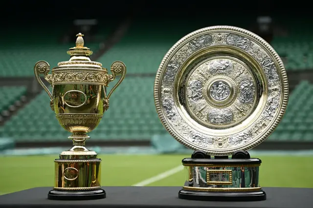 Wimbledon men's singles trophy and Wimbledon women's singles trophy on centre court
