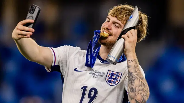 Harvey Elliot celebrating after Euros u21s win.