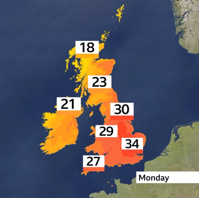 Graphic showing the UK and various temperatures across the country ranging from 18 to 34 degrees