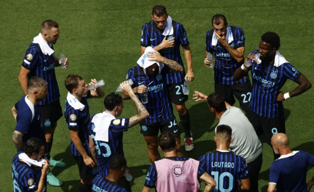 Inter Milan players during a hydration break