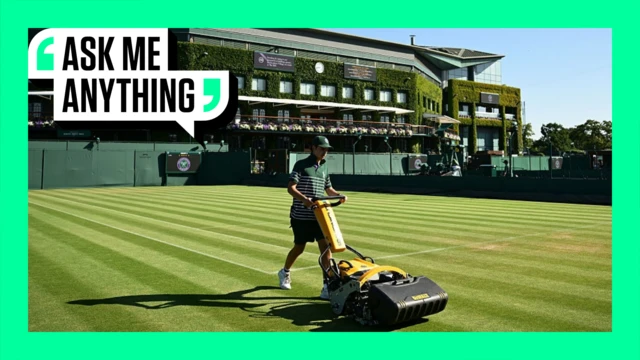 A groundskeeper mowing a court at Wimbledon with an Ask Me Anything border around it