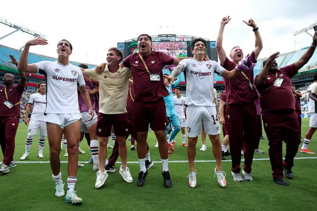 Facundo Bernal #5, Guga #23, and German Cano #14 of Fluminense FC celebrat