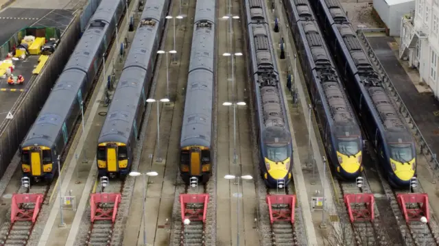 Six Southeastern trains in sidlings. Photo taken from overhead