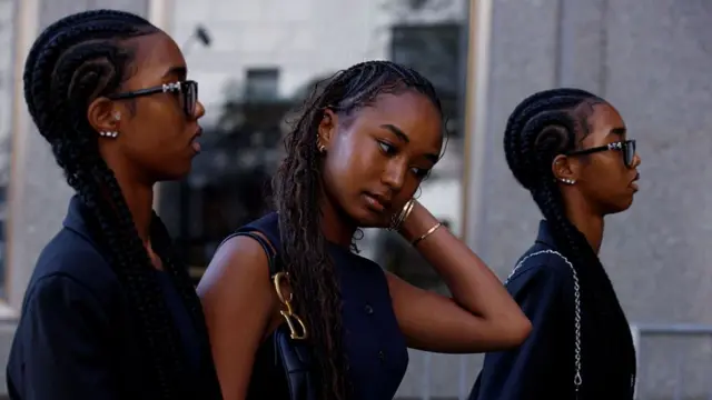 Jessie Combs (L), Chance Combs (C) and Lila Combs (R), arrive at Manhattan's Federal Court as jury begins deliberations in Sean "Diddy" Combs' sex trafficking trial on June 30, 2025, in New York City.